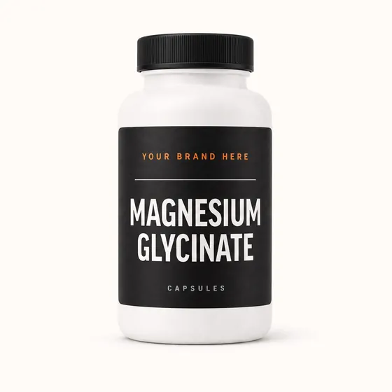 Blank-label mockup of Magnesium Glycinate on a screw-top bottle, with the brand name left blank for yours