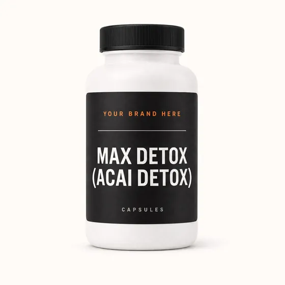 Blank-label mockup of Max Detox (Acai detox) on a screw-top bottle, with the brand name left blank for yours