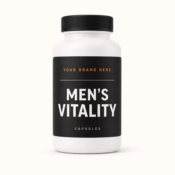 Blank-label mockup of Men's Vitality on a screw-top bottle, with the brand name left blank for yours