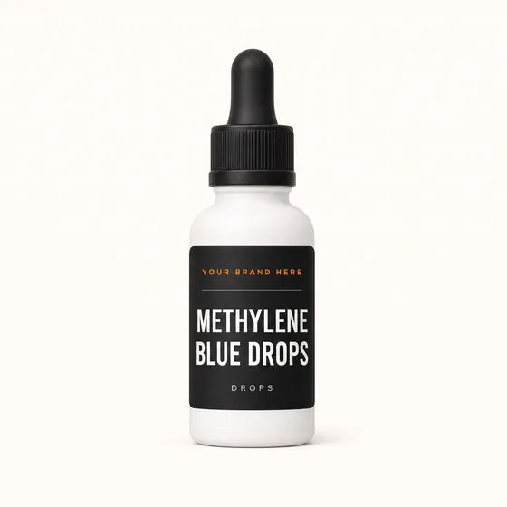 Blank-label mockup of Methylene Blue Drops on a dropper bottle, with the brand name left blank for yours