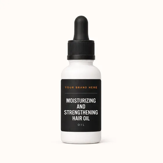 Blank-label mockup of Moisturizing and Strengthening Hair Oil on a dropper bottle, with the brand name left blank for yours