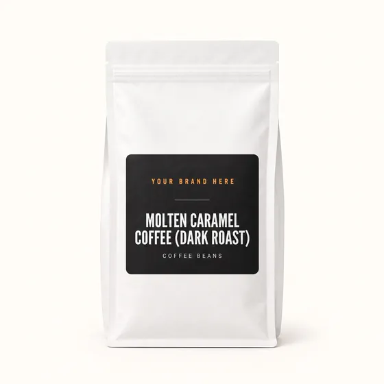Blank-label mockup of Molten Caramel Coffee (Dark Roast) on a resealable bag, with the brand name left blank for yours