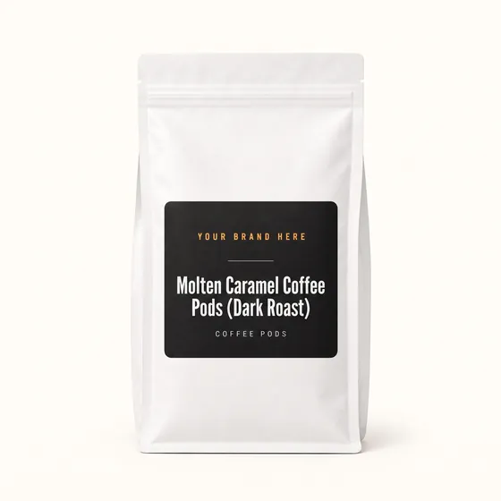 Blank-label mockup of Molten Caramel Coffee Pods (Dark Roast) on a resealable bag, with the brand name left blank for yours