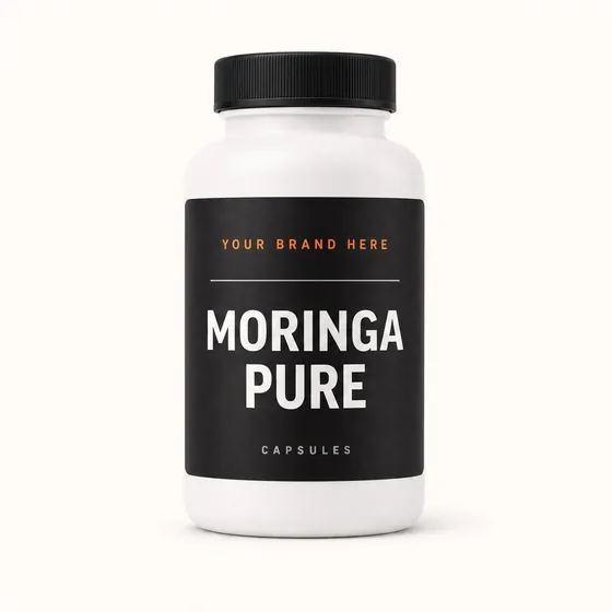 Blank-label mockup of Moringa Pure on a screw-top bottle, with the brand name left blank for yours