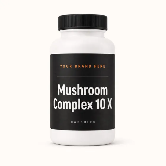 Blank-label mockup of Mushroom Complex 10 X on a screw-top bottle, with the brand name left blank for yours