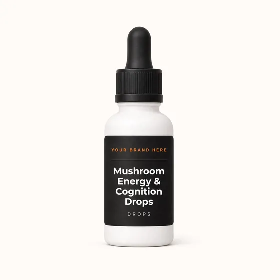 Blank-label mockup of Mushroom Energy & Cognition Drops on a dropper bottle, with the brand name left blank for yours