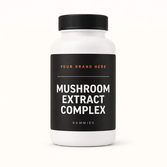 Blank-label mockup of Mushroom Extract Complex on a screw-top bottle, with the brand name left blank for yours