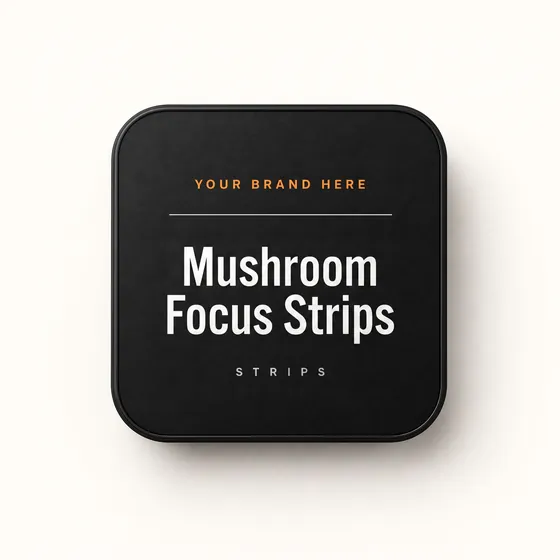 Blank-label mockup of Mushroom Focus Strips on a flat metal tin, with the brand name left blank for yours