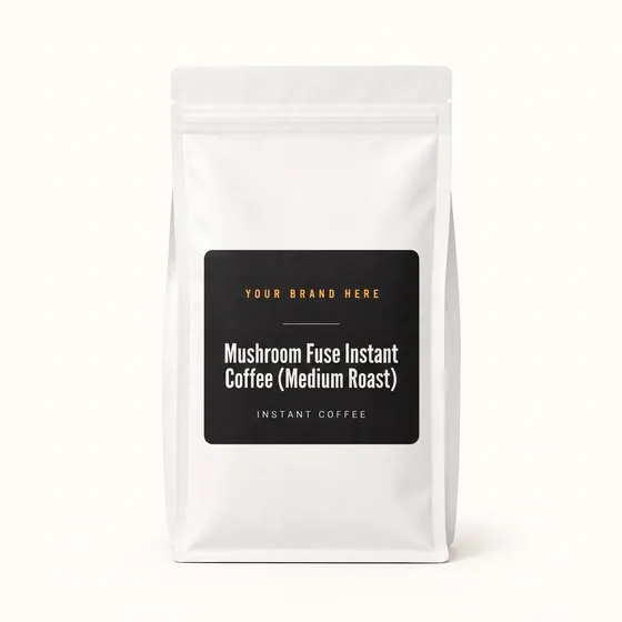 Blank-label mockup of Mushroom Fuse Instant Coffee (Medium Roast) on a resealable bag, with the brand name left blank for yours