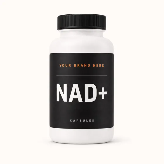 Blank-label mockup of NAD+ on a screw-top bottle, with the brand name left blank for yours