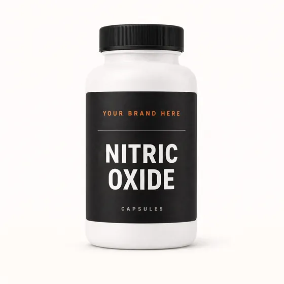 Blank-label mockup of Nitric Oxide on a screw-top bottle, with the brand name left blank for yours