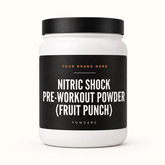 Blank-label mockup of Nitric Shock Pre-Workout Powder (Fruit Punch) on a wide-mouth jar, with the brand name left blank for yours
