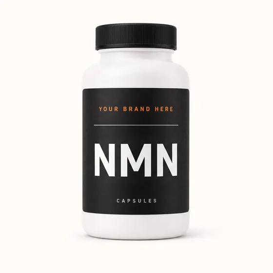 Blank-label mockup of NMN on a screw-top bottle, with the brand name left blank for yours