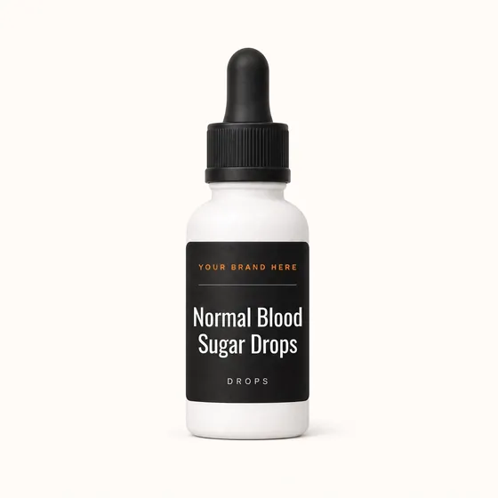 Blank-label mockup of Normal Blood Sugar Drops on a dropper bottle, with the brand name left blank for yours