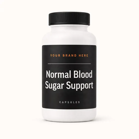 Blank-label mockup of Normal Blood Sugar Support on a screw-top bottle, with the brand name left blank for yours