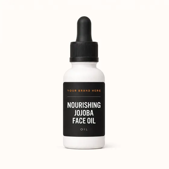 Blank-label mockup of Nourishing Jojoba Face Oil on a dropper bottle, with the brand name left blank for yours