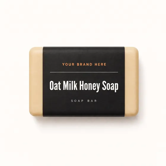 Blank-label mockup of Oat Milk Honey Soap on a wrapped soap bar, with the brand name left blank for yours