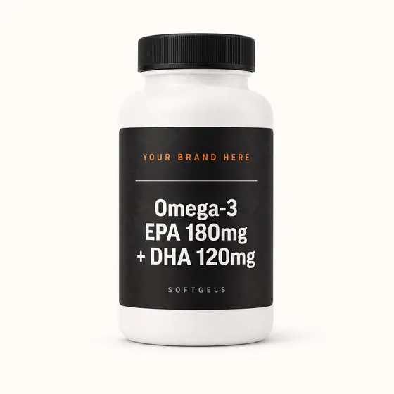 Blank-label mockup of Omega-3 EPA 180mg + DHA 120mg on a screw-top bottle, with the brand name left blank for yours