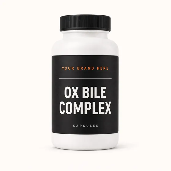 Blank-label mockup of Ox Bile Complex on a screw-top bottle, with the brand name left blank for yours