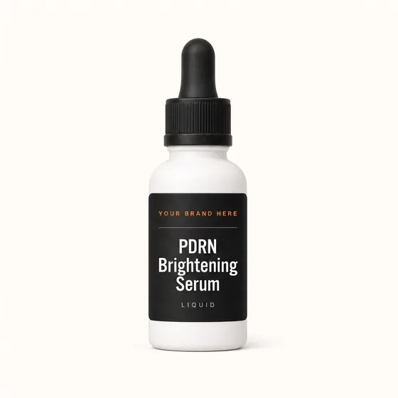 Blank-label mockup of PDRN Brightening Serum on a dropper bottle, with the brand name left blank for yours