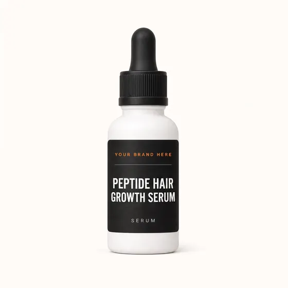 Blank-label mockup of Peptide Hair Growth Serum on a dropper bottle, with the brand name left blank for yours