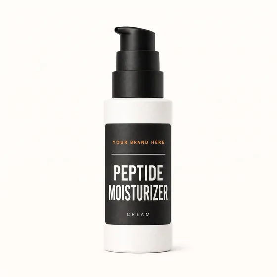 Blank-label mockup of Peptide Moisturizer on a pump bottle, with the brand name left blank for yours
