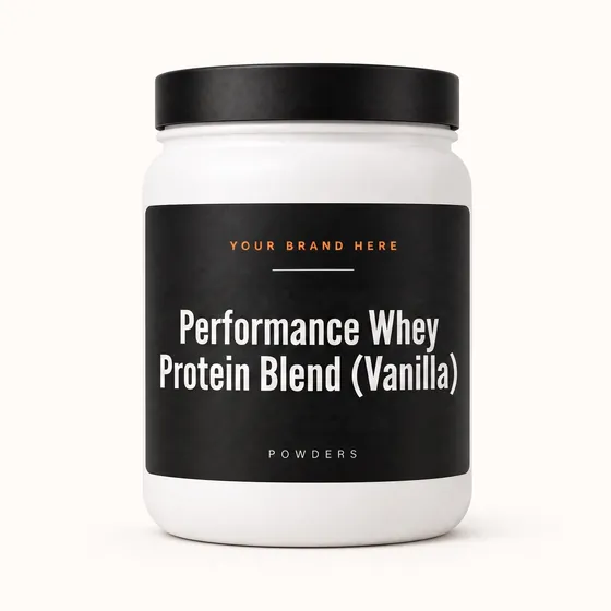 Blank-label mockup of Performance Whey Protein Blend (Vanilla) on a wide-mouth jar, with the brand name left blank for yours