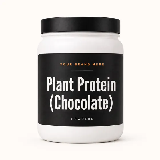 Blank-label mockup of Plant Protein (Chocolate) on a wide-mouth jar, with the brand name left blank for yours