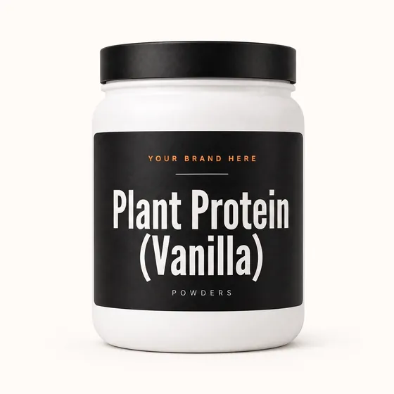 Blank-label mockup of Plant Protein (Vanilla) on a wide-mouth jar, with the brand name left blank for yours
