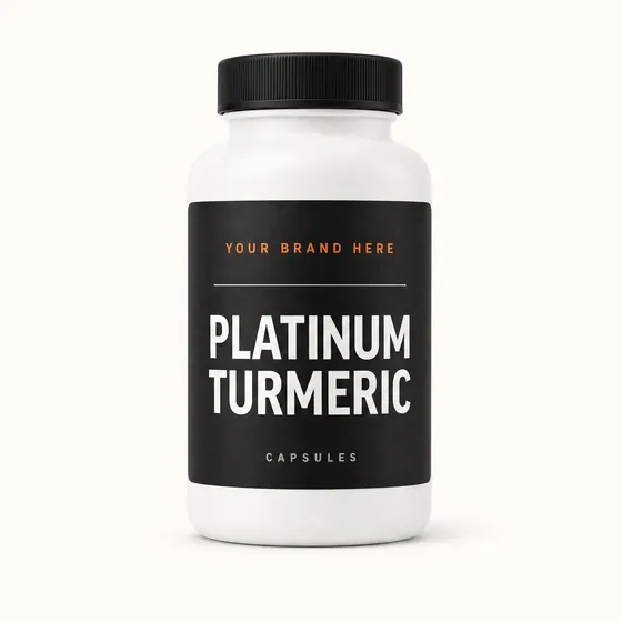 Blank-label mockup of Platinum Turmeric on a screw-top bottle, with the brand name left blank for yours