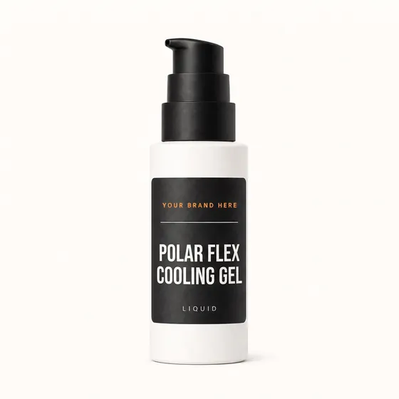 Blank-label mockup of Polar Flex Cooling Gel on a pump bottle, with the brand name left blank for yours
