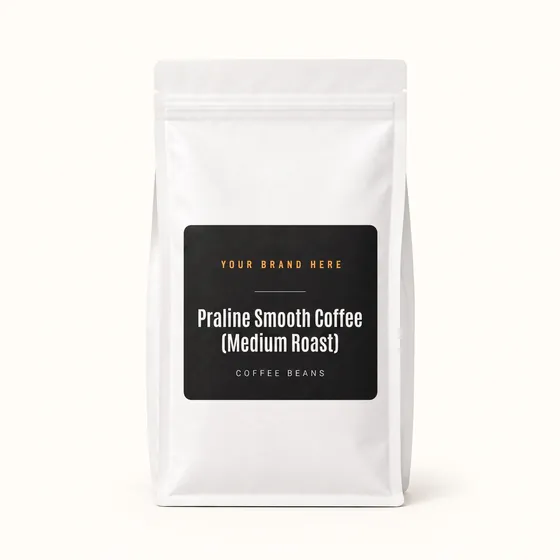Blank-label mockup of Praline Smooth Coffee (Medium Roast) on a resealable bag, with the brand name left blank for yours