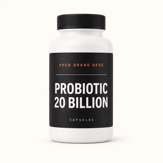 Blank-label mockup of Probiotic 20 Billion on a screw-top bottle, with the brand name left blank for yours