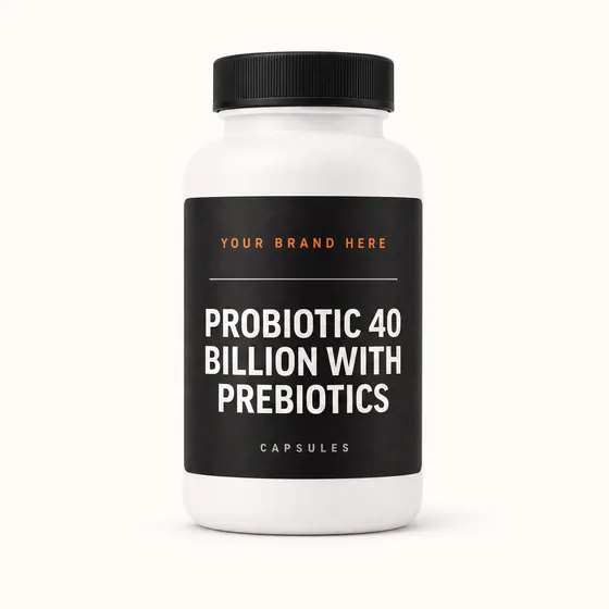 Blank-label mockup of Probiotic 40 Billion with Prebiotics on a screw-top bottle, with the brand name left blank for yours