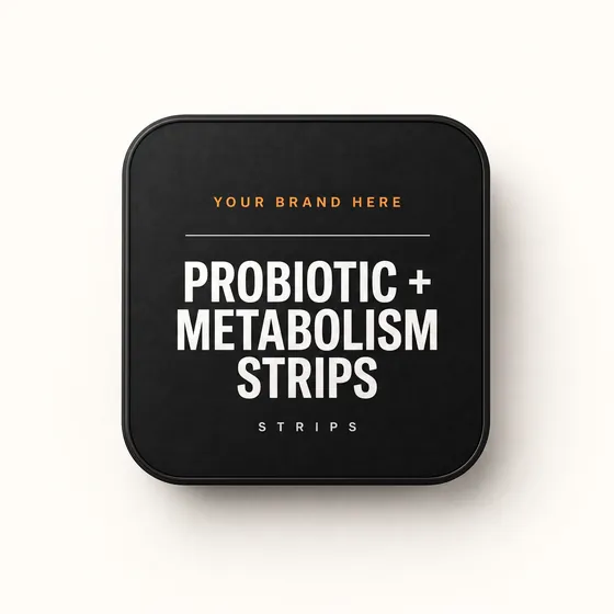 Blank-label mockup of Probiotic + Metabolism Strips on a flat metal tin, with the brand name left blank for yours