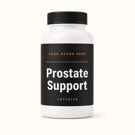 Blank-label mockup of Prostate Support on a screw-top bottle, with the brand name left blank for yours