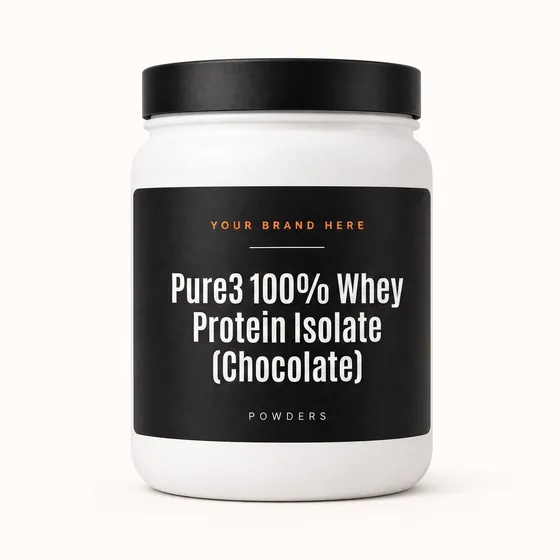 Blank-label mockup of Pure3 100% Whey Protein Isolate (Chocolate) on a wide-mouth jar, with the brand name left blank for yours