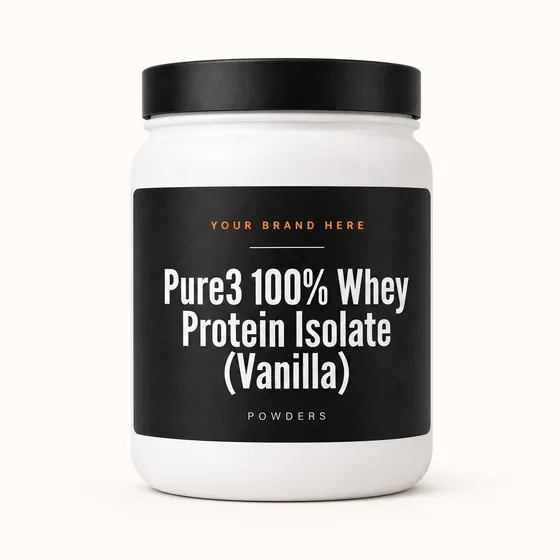 Blank-label mockup of Pure3 100% Whey Protein Isolate (Vanilla) on a wide-mouth jar, with the brand name left blank for yours