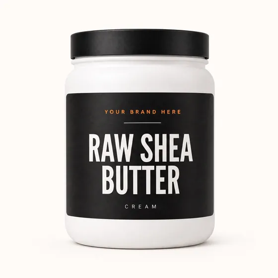 Blank-label mockup of Raw Shea Butter on a wide-mouth jar, with the brand name left blank for yours
