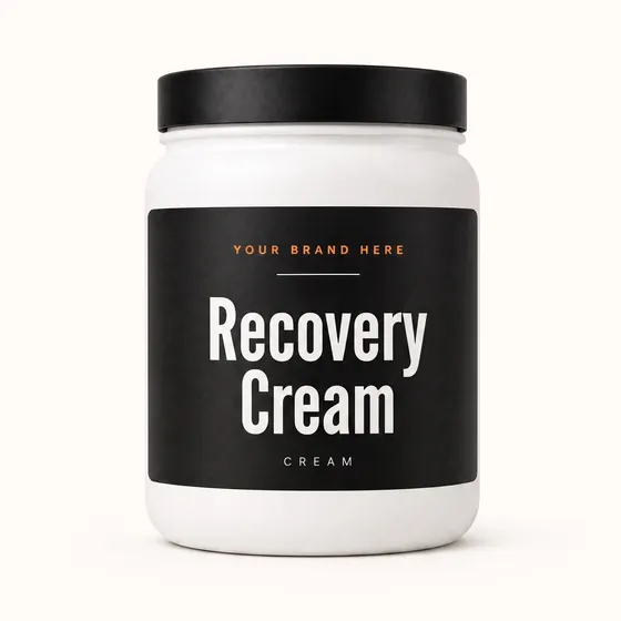 Blank-label mockup of Recovery Cream on a wide-mouth jar, with the brand name left blank for yours