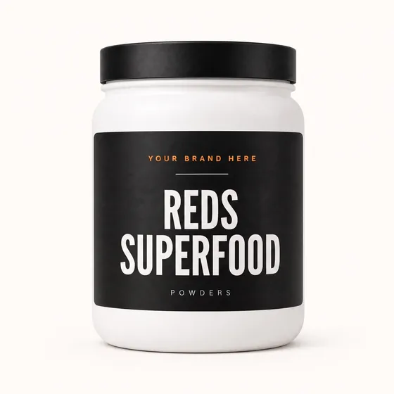 Blank-label mockup of Reds Superfood on a wide-mouth jar, with the brand name left blank for yours