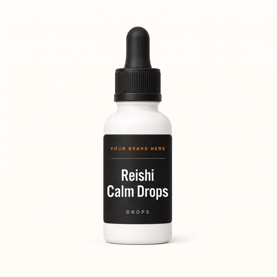 Blank-label mockup of Reishi Calm Drops on a dropper bottle, with the brand name left blank for yours