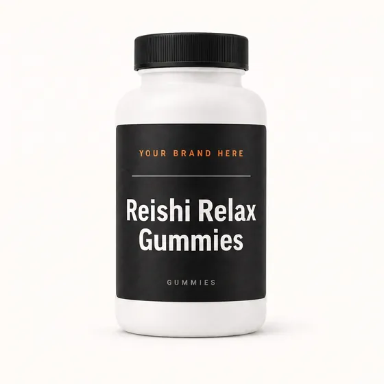 Blank-label mockup of Reishi Relax Gummies on a screw-top bottle, with the brand name left blank for yours