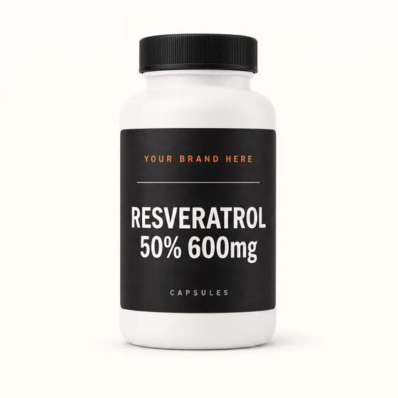 Blank-label mockup of Resveratrol 50% 600mg on a screw-top bottle, with the brand name left blank for yours