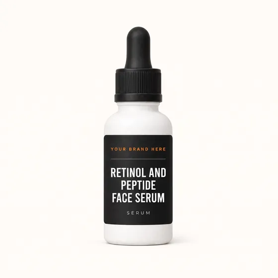 Blank-label mockup of Retinol and Peptide Face Serum on a dropper bottle, with the brand name left blank for yours