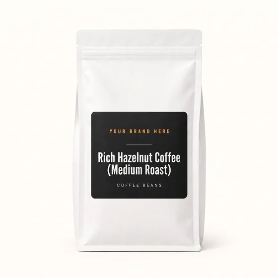 Blank-label mockup of Rich Hazelnut Coffee (Medium Roast) on a resealable bag, with the brand name left blank for yours