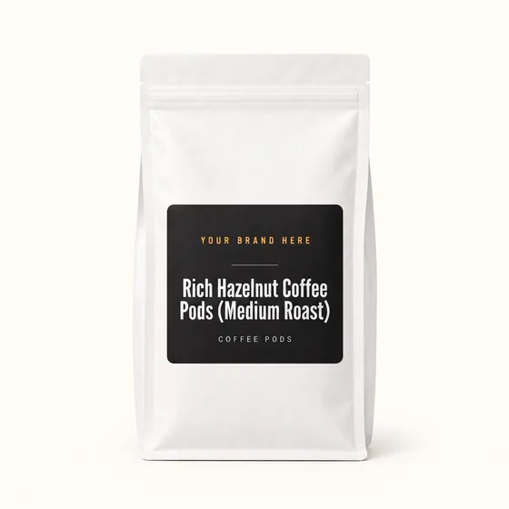 Blank-label mockup of Rich Hazelnut Coffee Pods (Medium Roast) on a resealable bag, with the brand name left blank for yours