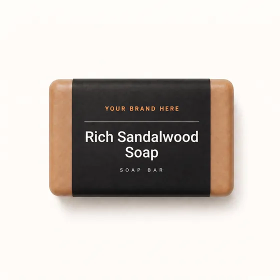 Blank-label mockup of Rich Sandalwood Soap on a wrapped soap bar, with the brand name left blank for yours