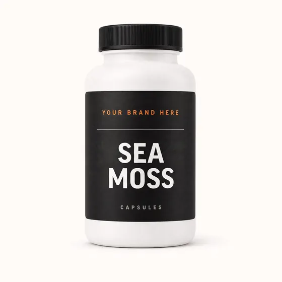 Blank-label mockup of Sea Moss on a screw-top bottle, with the brand name left blank for yours