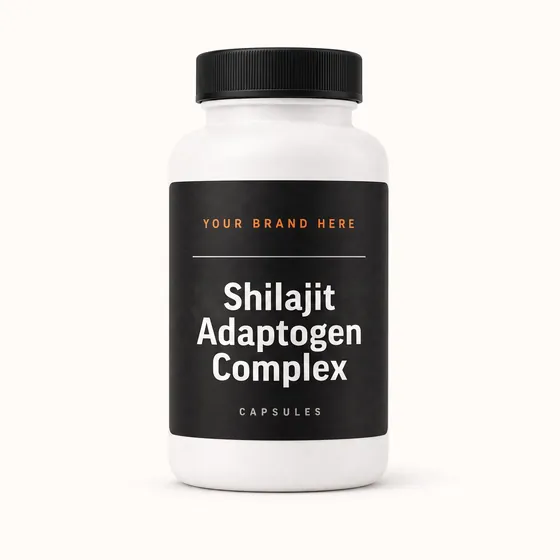 Blank-label mockup of Shilajit Adaptogen Complex on a screw-top bottle, with the brand name left blank for yours